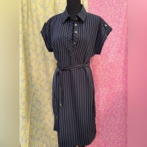 Tommy Hilfiger navy and white  Pinstripe Midi Dress with waist tie